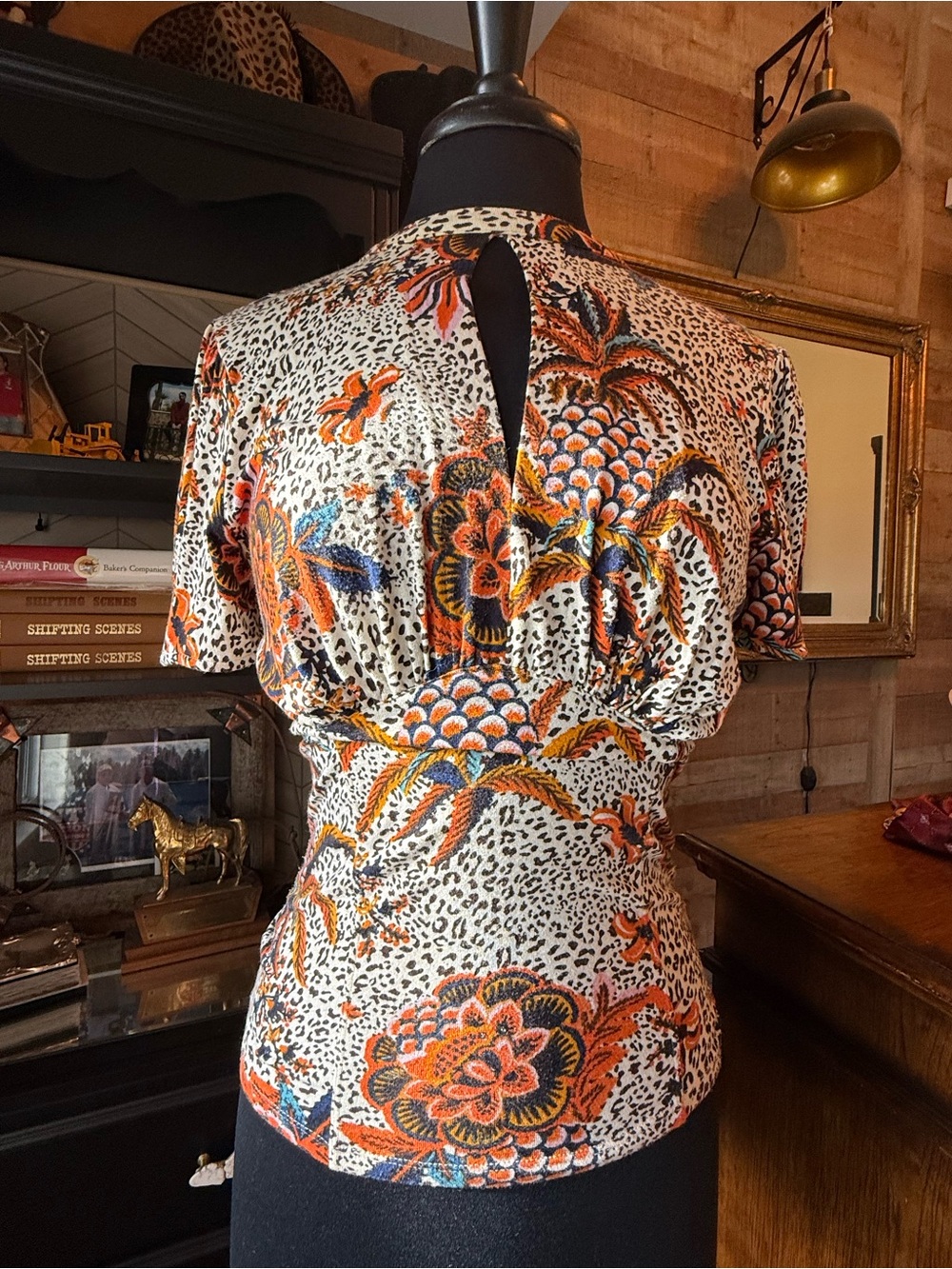 Free People Cream Short-Sleeve Top with Orange Floral & Blue Accents
